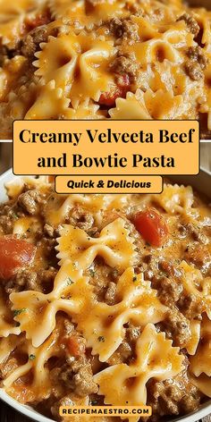 creamy velveeta beef and bowtie pasta in a white bowl with text overlay