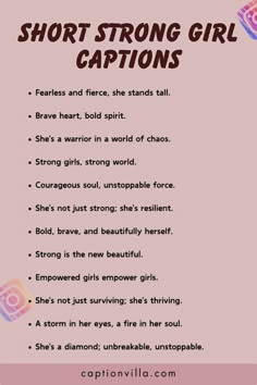 a pink poster with the words short strong girl captions
