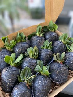 a basket filled with lots of black strawberries