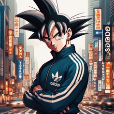 an anime character standing in the middle of a city street with his arms crossed and eyes closed