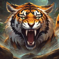 a tiger with its mouth open and it's teeth wide open