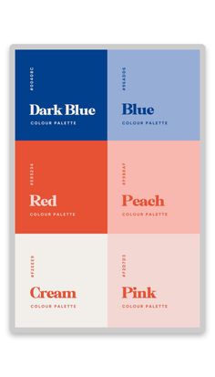 four different color palettes with the words pink, blue, and red