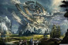 an image of a fantasy scene with horses and people in the foreground, surrounded by mountains