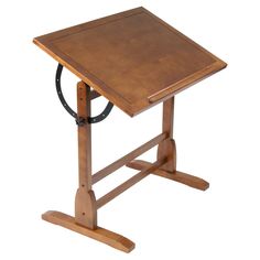 a small wooden desk with wheels attached to it