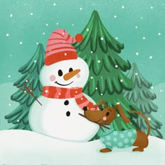 a snowman with a dog in front of a snowy tree and evergreens,