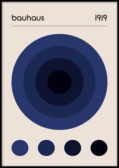 the back side of a poster with circles and dots in blue, black and white
