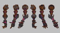 some type of mechanical arm set up in different positions and shapes, including the hands