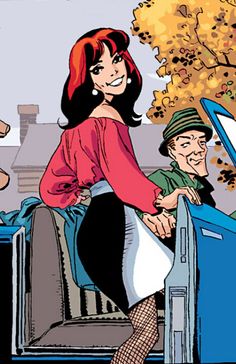 a woman is getting out of a car and shaking hands with an older man in the back