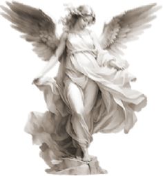 an angel statue is shown in sepia on a white background with the wings spread out