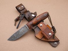 a knife and sheath laying on top of each other with knives in the back ground