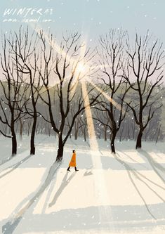 a person walking down a snow covered road in the middle of winter with trees on both sides