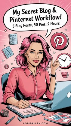 a woman sitting at a desk in front of a laptop computer with the caption my secret blog & pinterest workflow