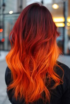 Ombre Hair Color Orange, Orange To Red Hair, Fire Hair Color Ideas, Red And Orange Hair Color, Ombre Hair Orange, Fire Colored Hair, Fire Color Hair Ombre, Fire Hair Ideas, Fire Hair Color Ombre