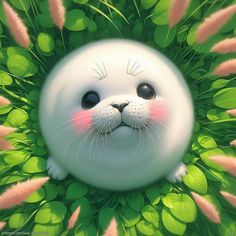 a cute little white seal in some green plants