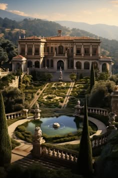 a large building with lots of trees and bushes in the foreground, surrounded by greenery