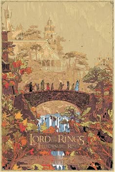 the lord of the rings movie poster with people walking across a bridge in front of a castle