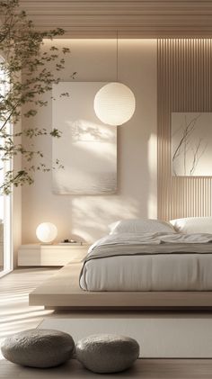 a large bed sitting in a bedroom on top of a hard wood floor next to a plant