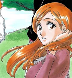 an anime character with long red hair standing next to a black cat on the grass