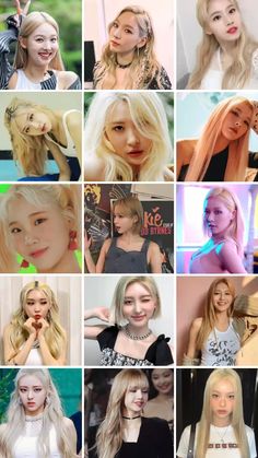 many different images of women with blonde hair and bangs, all in different styles on their faces