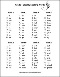 grade 1 spelling worksheet with words and numbers to practice reading the word's