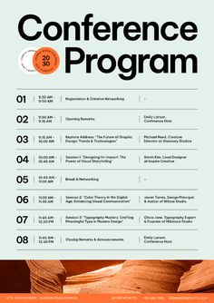 the conference program flyer is shown in orange and white, with black lettering on it