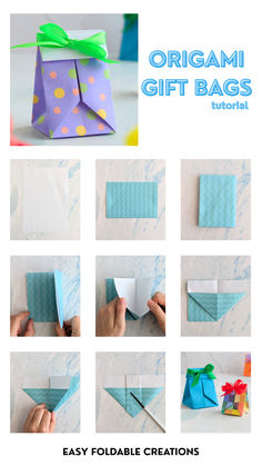 an origami gift bag is shown with instructions to make it look like they are folded