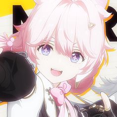 an anime character with pink hair and blue eyes holding a black object in her hand