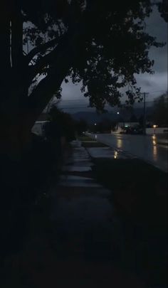 a street at night with cars parked on the side of it and trees in the foreground