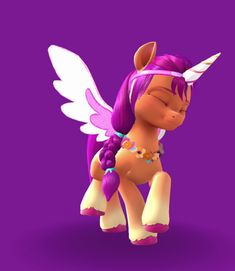 a pink pony with wings sitting on top of a purple surface