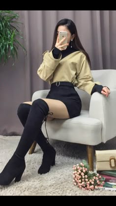 Korean Outfit With Boots, Kpop Fashion Outfits Girls Korean Style, Cute Black Outfits Korean, Black Cute Outfits Korean, Korean Girl Outfits Dress, Black Outfits Edgy Korean, Korean Outfits With Black Skirt, Korean Fashion Boots, Black Korean Dress Outfit