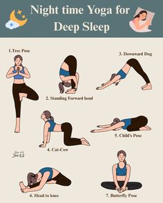 a woman doing yoga poses with the words night time yoga for deep sleep on it