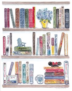 watercolor painting of bookshelves with flowers and coffee mugs on each shelf