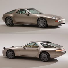 two images of a silver sports car in three different views, one showing the front and side view