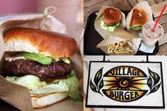 two burgers and fries are on the table next to a sign that says village burger