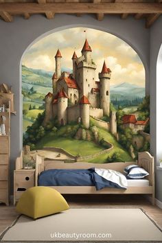 an image of a castle wall mural in a child's room with a bed