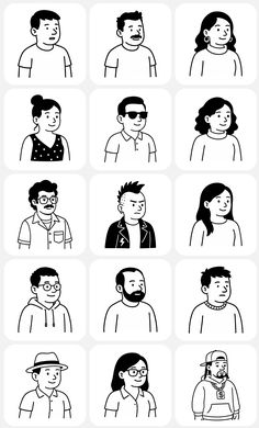 black and white line drawings of people with different facial expressions
