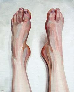 a painting of two bare feet on a white surface, one is pink and the other is red