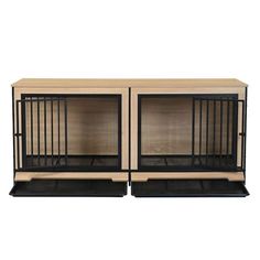 two black metal and wood dog kennels, one with doors open to the other side