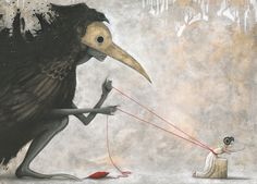 a painting of a bird pulling a woman's string