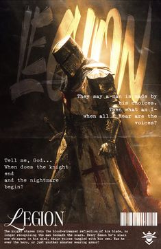 an advertisement for legion featuring a knight in full armor