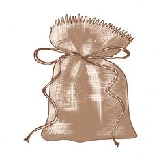 a drawsewl bag with a brown ribbon tied around the top and bottom, on a white background