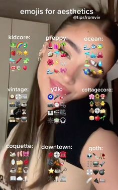 a woman with lots of stickers on her face and some words in front of her
