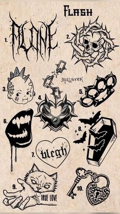 an old school tattoo sticker sheet with various tattoos on it, including the words and symbols