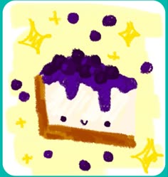 a drawing of a piece of cake with purple frosting on top and stars around it