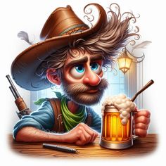 a man with a hat and beard sitting at a table next to a mug of beer