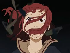 an anime character with red hair and brown eyes