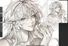 an anime character with long hair holding a cell phone and looking at it's screen