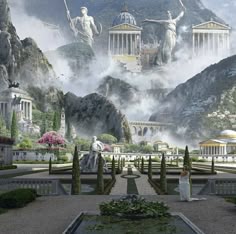 an artistic scene with statues and mountains in the background