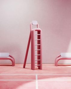 two pink benches and one white bench in front of a pink wall with lines on the floor