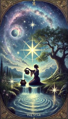 a painting of a woman sitting on top of a tree next to a body of water